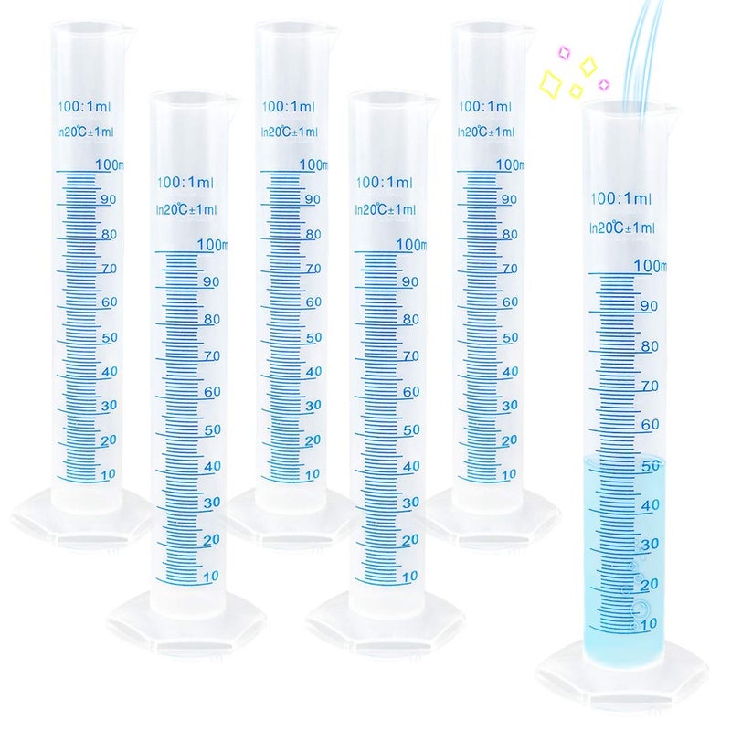 Kalevel 6pcs Polypropylene Graduated Cylinder 100ml Measuring Cylinders Plastic Graduated Cylinder Set Measuring Test Tube Clear Graduated Cylinder with Double Sided Markings, Pour Spout - Image 1